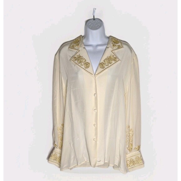 NWT Vtg DVF 100% Silk Blouse Sz L Ivory Gold Floral Embroidery Luxury Designer - Picture 2 of 15